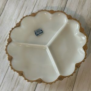 Vintage Milk Glass Relish Plate with Gold Trim